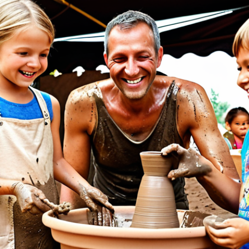 Home 4 A family joyfully participating in a pottery festival, with children playfully covered in mud in a designated mud zone. Parents smile while assisting their kids with pottery wheel activities. Bright daytime lighting, showcasing the vibrant atmosphere of the festival.