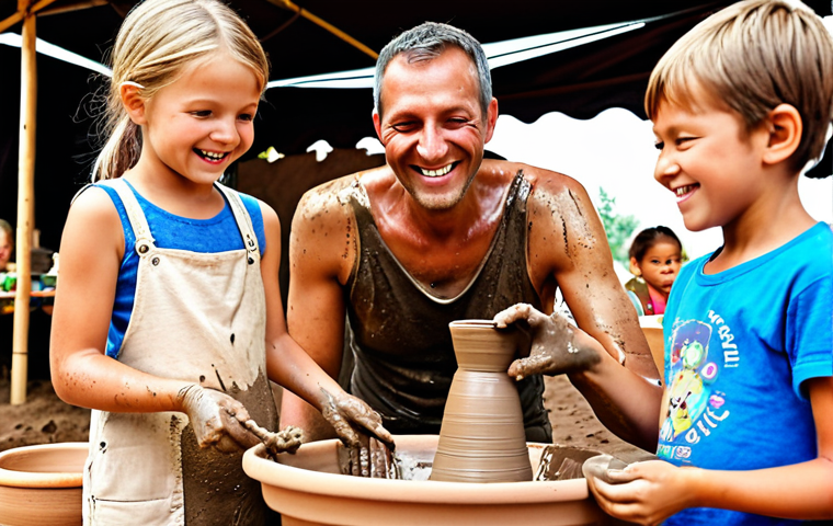 A family joyfully participating in a pottery festival, with children playfully covered in mud in a designated mud zone. Parents smile while assisting their kids with pottery wheel activities. Bright daytime lighting, showcasing the vibrant atmosphere of the festival.
